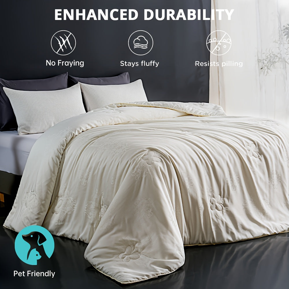 1pc Luxury Long Strand Mulberry Lyocell Comforter\u002FDuvet\u002FQuilt - Vintage Floral Design, 80% Viscose & 20% Lyocell Blend, All-Season Lightweight Warmth, Hand Wash Only, White