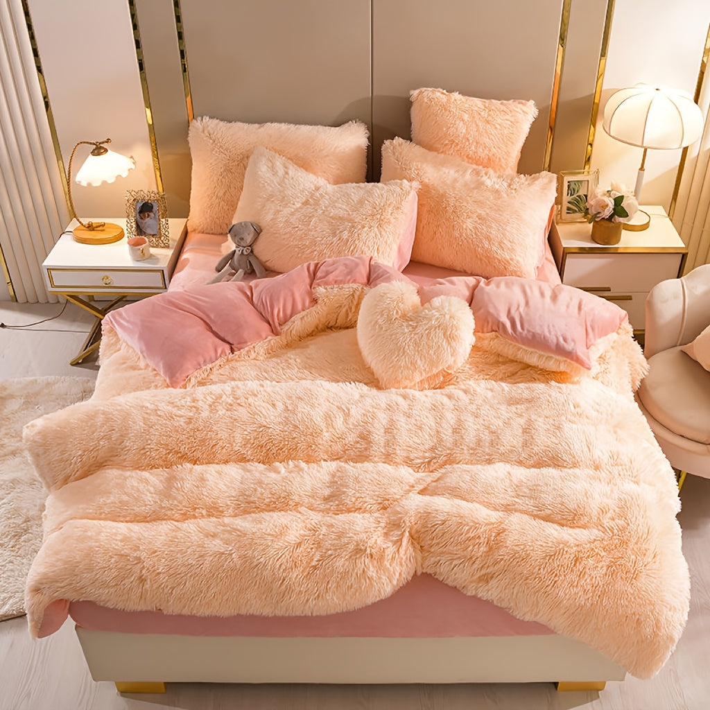 4pcs Queen\u002FKing Size Comforter Set | Fluffy Plush Velvet Bed Comforter Sets (1 Duvet+2 Pillowcases+Sheet) | Ultra Soft Thermal All-Season Luxury Bedding for Bedroom, Dorm & Guest Rooms | Queen Size Comforter Set & King Size Bed Comforter Sets