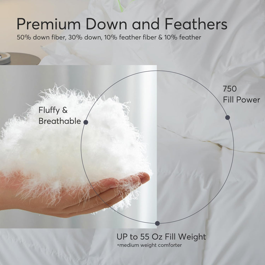 1pc 750 Fill-Power Certified Premium Goose Down and Feather Comforter Duvet Insert - Extra Soft Fluffy Luxury with Hypoallergenic Down-Proof Shell - White Baffle Box Design To Prevent Clumps