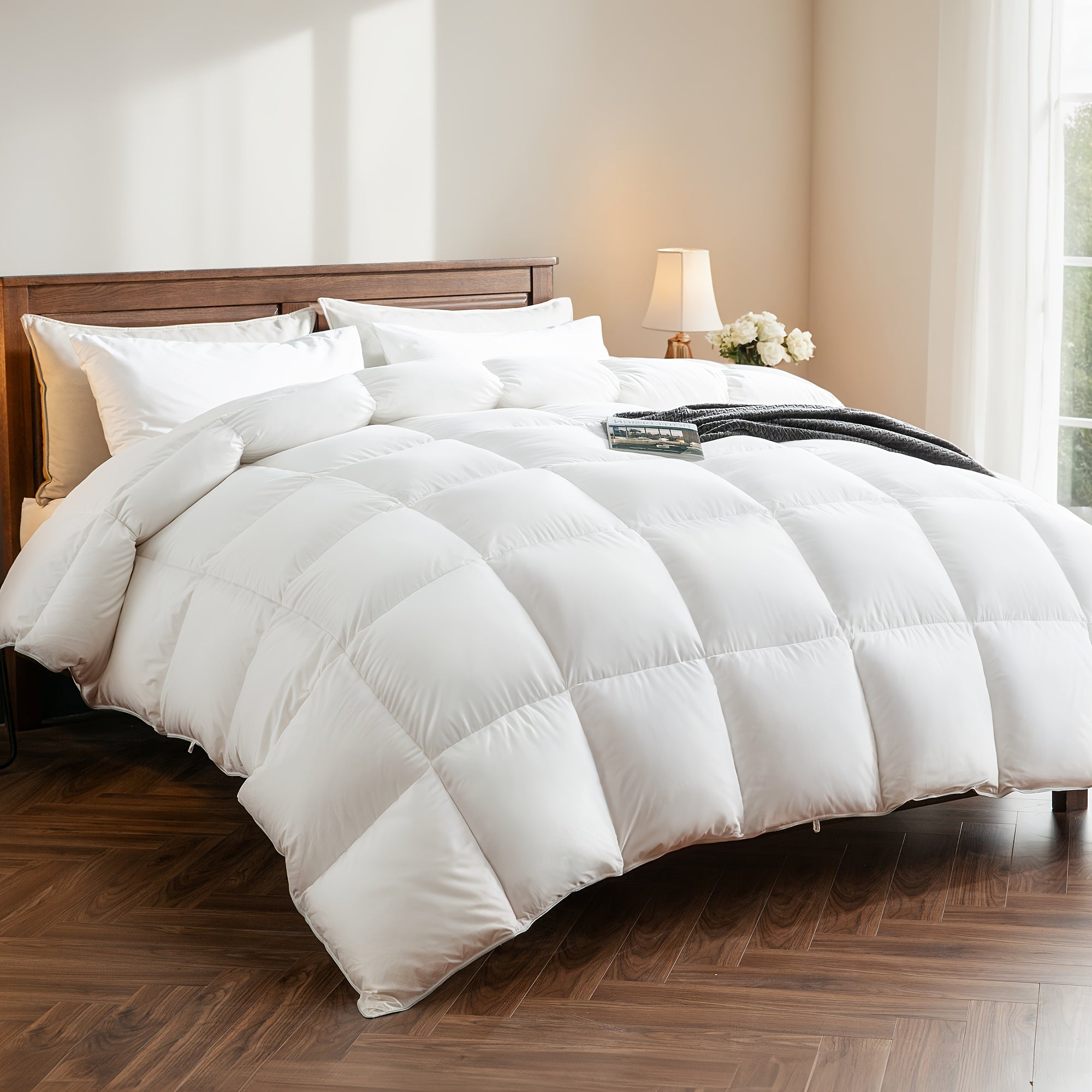 Luxury Goose Feather Down Comforter, 900+ Fill Power All-Season Premium Medium Warmth Down Duvet Insert with 1600TC\u002FDM Cotton, Washed Brushed Fabric for Ultra-Soft, Noiseless, And No Sweaty Sleep, Queen, King, California King Size White