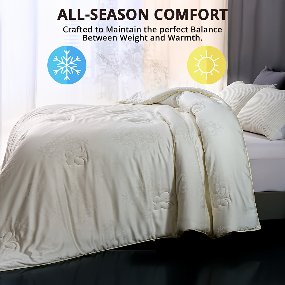 1pc Luxury Long Strand Mulberry Lyocell Comforter\u002FDuvet\u002FQuilt - Vintage Floral Design, 80% Viscose & 20% Lyocell Blend, All-Season Lightweight Warmth, Hand Wash Only, White