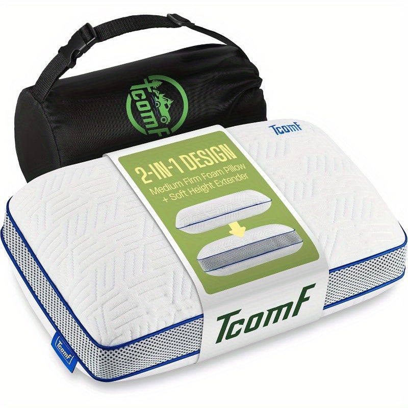 2-in-1 Design Medium Firm Camping Pillow with Soft Neck Cushion - 5-Layer Support, Portable Travel Pillow for Back Sleepers, White, Camping Pillow, Neck Pillow, Retro Style, Zipper Closure