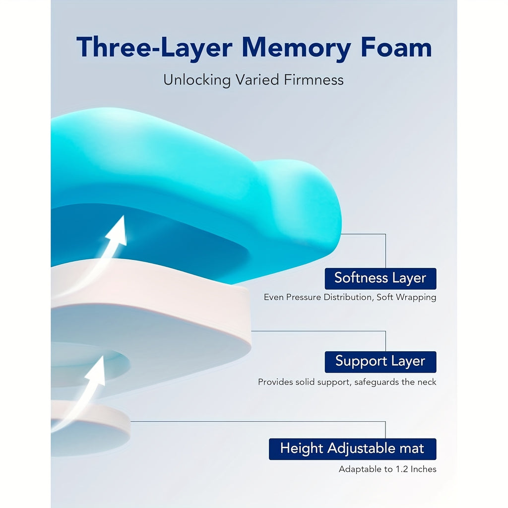 P3E Ergonomic Neck Pillow for Side & Back Sleepers - Adjustable 3-Layer Cervical Support, Medium Firm, Blue, Machine Washable Polyester Cover