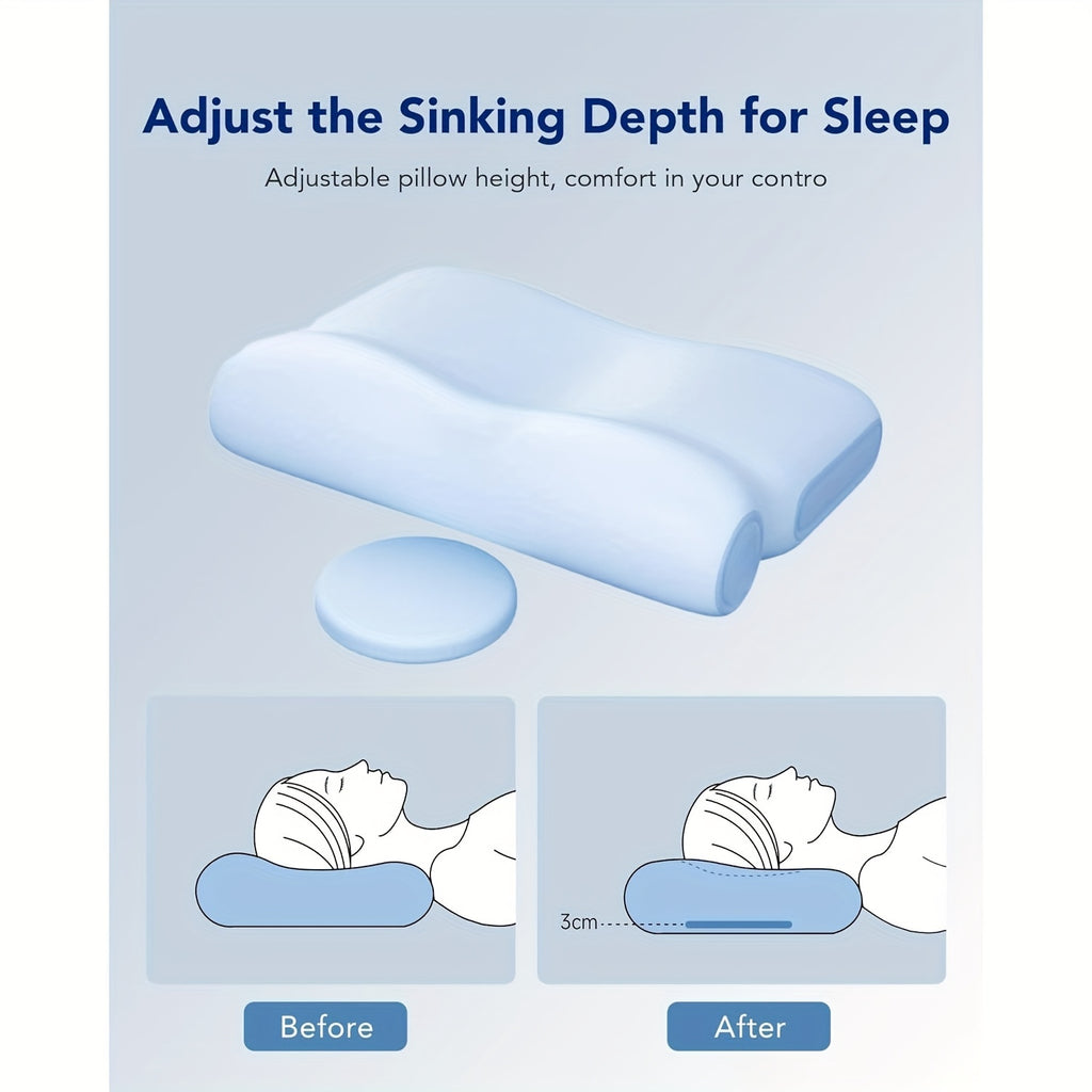 P3E Ergonomic Neck Pillow for Side & Back Sleepers - Adjustable 3-Layer Cervical Support, Medium Firm, Blue, Machine Washable Polyester Cover