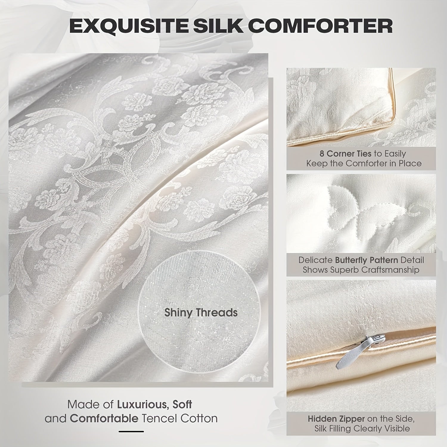 1pc Silk Comforter - Long Strand Silk Fill Duvet - Luxury Bedding, Noiseless Tencel Shell - Suitable For All Seaso