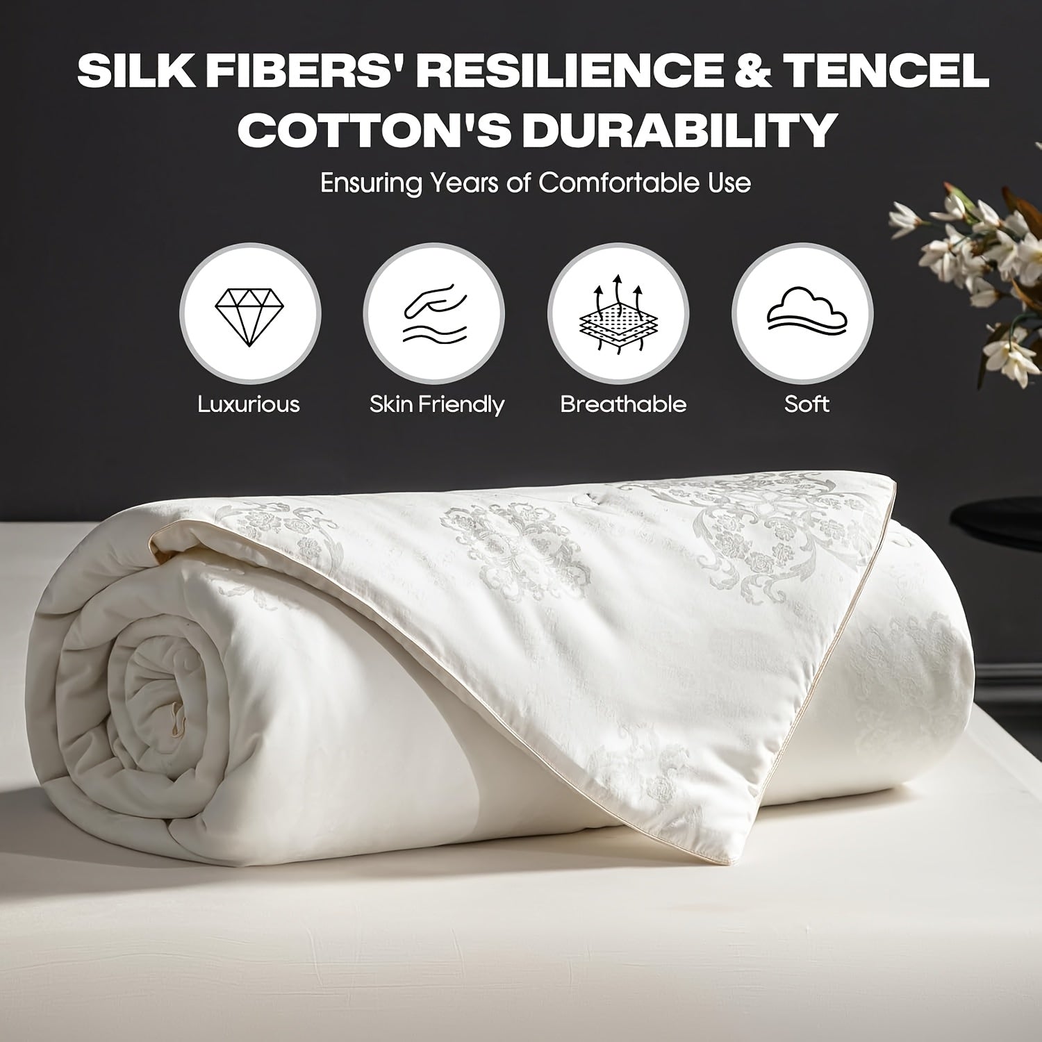 1pc Silk Comforter - Long Strand Silk Fill Duvet - Luxury Bedding, Noiseless Tencel Shell - Suitable For All Seaso