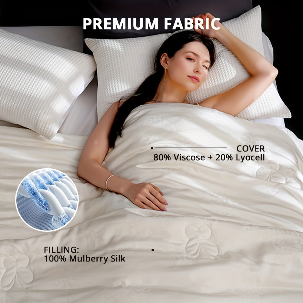 1pc Luxury Long Strand Mulberry Lyocell Comforter\u002FDuvet\u002FQuilt - Vintage Floral Design, 80% Viscose & 20% Lyocell Blend, All-Season Lightweight Warmth, Hand Wash Only, White