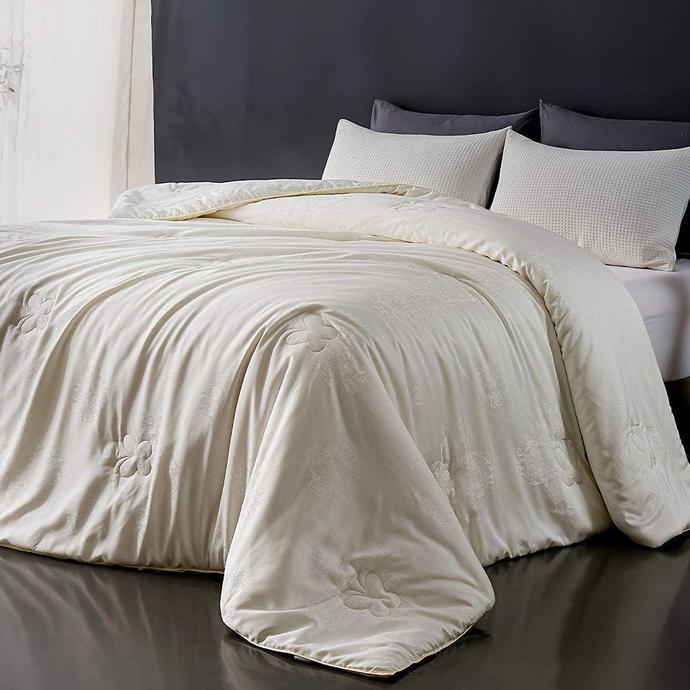 1pc Luxury Long Strand Mulberry Lyocell Comforter\u002FDuvet\u002FQuilt - Vintage Floral Design, 80% Viscose & 20% Lyocell Blend, All-Season Lightweight Warmth, Hand Wash Only, White